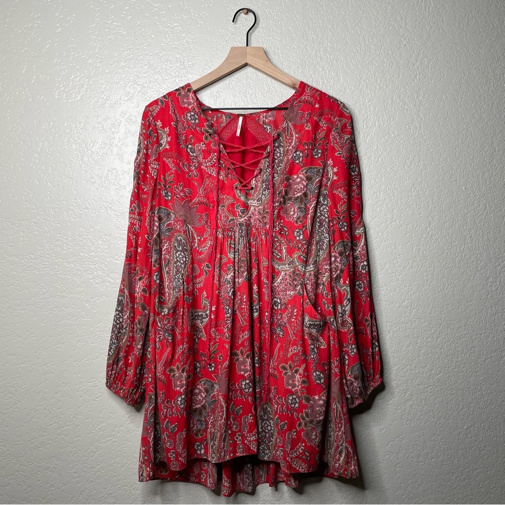 Free People Rain or Shine Printed Dress Poppy Combo Paisley Tunic Boho Flowy - Picture 4 of 15